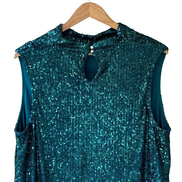 NWT Cable & Gauge Teal Sequin Mock-Neck Top | Sleeveless Blouse | Size M - Picture 6 of 12